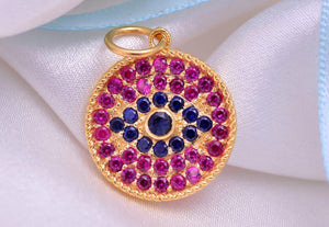 14K Solid Gold, Pink Sapphire & Blue Sapphire Evil Eye Pendant,  (14K-DP-100)