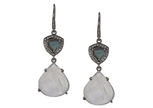 Pave Diamond Rainbow Moonstone & Labradorite Heart Dangle Earrings, (DER-057)