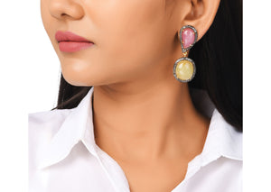 Pave Diamond Ruby and Yellow Saphire Drop Earrings, (DER-097)