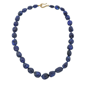 Blue Sapphire Smooth Nuggest Hand knotted w/ Sterling & Diamond Clasp, Blue Sapphire, Sapphire (SAPP-NUG-12-15)