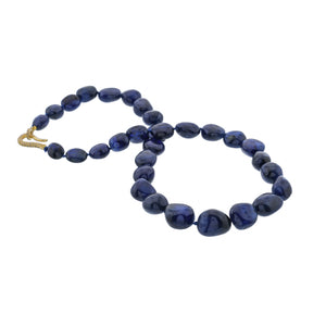 Blue Sapphire Smooth Nuggest Hand knotted w/ Sterling & Diamond Clasp, Blue Sapphire, Sapphire (SAPP-NUG-12-15)