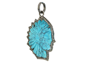 Pave Diamond Turquoise Native Indian Head Pendant, (DTR-2034) - Beadspoint