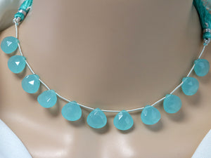 Aqua Chalcedony Faceted Heart Drops, 12 mm, Rich Color, Chalcedony Gemstone Beads, (CLAQ-HRT-12)(134)