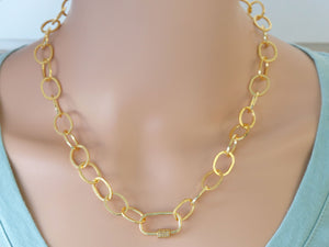 Sterling Silver Vermeil Oval Heavy Link Chain with Diamond Carabiner, (DCHN-34) - Beadspoint