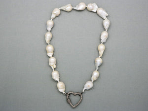 Silk Hand Knotted Keshi Pearl Necklace w/ Pave Diamond Heart Carabiner Clasp, (DCHN-38) - Beadspoint