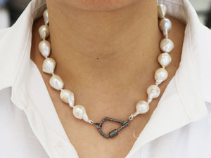 Silk Hand Knotted Keshi Pearl Necklace w/ Pave Diamond Kite Carabiner Clasp, (DCHN-37) - Beadspoint