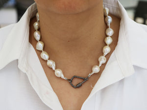 Silk Hand Knotted Keshi Pearl Necklace w/ Pave Diamond Kite Carabiner Clasp, (DCHN-37) - Beadspoint