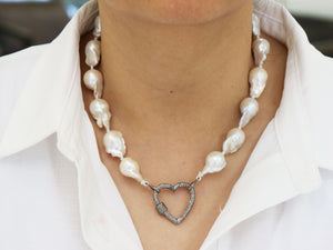 Silk Hand Knotted Keshi Pearl Necklace w/ Pave Diamond Heart Carabiner Clasp, (DCHN-38) - Beadspoint