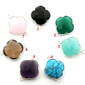 Silver Faceted Clover Connector, 20-21 mm, multiple gemstones, (SSBZC-8025) - Beadspoint