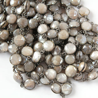 Grey Moonstone 10 mm Puff Coin Bezel Chain, (BC-MNS-261) - Beadspoint