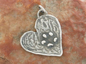 Sterling Silver Artisan Textured Heart and Paw Print Pendant, (AF-471)