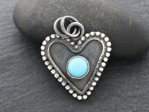 Sterling Silver Artisan Heart Charm with Turquoise, (AF-374) - Beadspoint