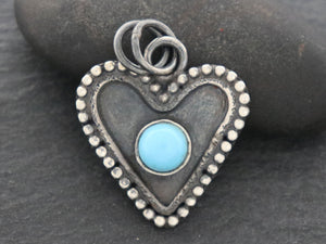 Sterling Silver Artisan Heart Charm with Turquoise, (AF-374) - Beadspoint
