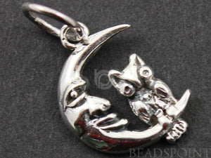 Sterling Silver Owl on a Moon Charm -- SS/CH5/CR12 - Beadspoint