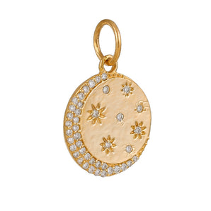 14K Solid Gold Pave Diamond Crecesent Moon & Stars Medallion,  (14K-DP-078)