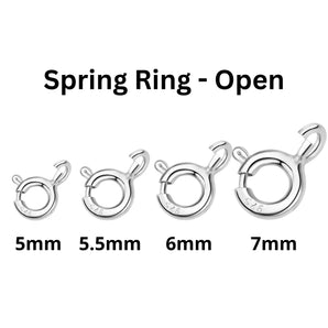 Sterling Silver Spring Ring Claps, Open Ring Spring Clasp in 5 Sizes - 5mm, 5.5mm, 6mm & 7mm, (SS-840)