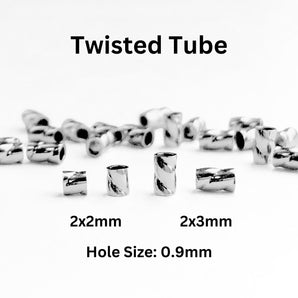 Sterling Silver Twisted Crimp Beads,  Twisted Tube Crimp Available in 2 Sizes - 2x2 & 2x3 mm, (SS-752T)