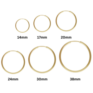 14k Gold Filled Endless Hoops, Endless Hoop Earrings 6 Sizes - 14mm, 17mm, 20mm, 24mm, 30mm, 38mm, Sold as Pair, (GF-706)