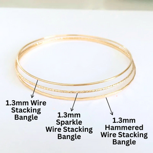 14K Gold Filled Stacking Wire Bangle, Plain, Sparkle or hammered, 7.5" 1.3mm, (GF-808)