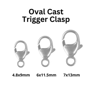 Sterling Silver Oval Cast Trigger Clasp, Lobster Claw Clasp Available in 3 Sizes - 4.8x9.0mm, 6.0x11.5mm, 7.0x13.0mm, (SS-875)