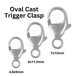 Sterling Silver Oval Cast Trigger Clasp, Lobster Claw Clasp Available in 3 Sizes - 4.8x9.0mm, 6.0x11.5mm, 7.0x13.0mm, (SS-875)