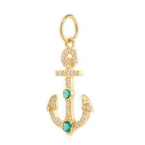 14k Solid Gold & Diamond, Emerald &  Anchor Pendant,  (14K-DP-137)