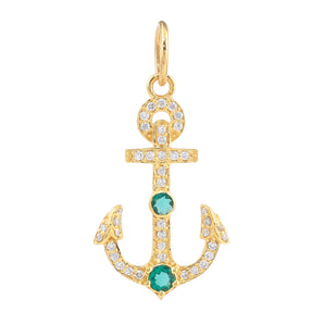 14k Solid Gold & Diamond, Emerald &  Anchor Pendant,  (14K-DP-137)