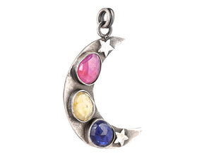 Sterling Silver Multi Sapphire Celestial Moon & Star Handcrafted Artisan Pendant, (SP-5714)