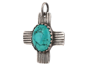 Sterling Silver Turquoise Fluted Cross Handcrafted Artisan Pendant, (SP-5731)