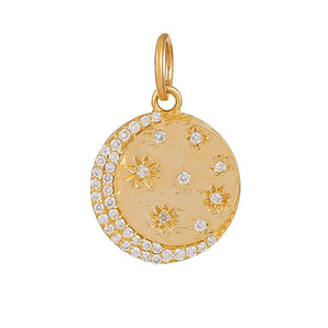 14K Solid Gold Pave Diamond Crecesent Moon & Stars Medallion,  (14K-DP-078)