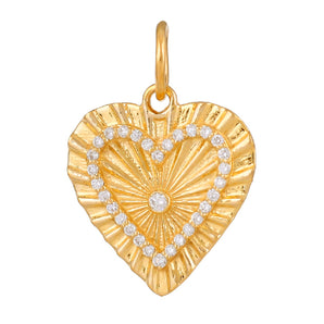 14K Solid Gold Pave Diamond Fluted Heart Medallion,  (14K-DP-085)