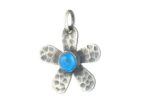 Sterling Silver Natural Turquoise Flower Artisan Pendant, (SP-5992)