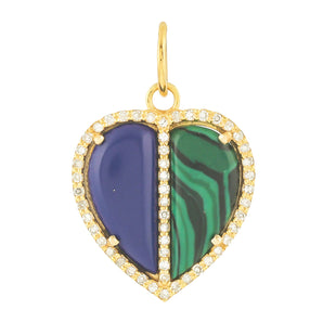 14k Solid Gold & Diamond Twin Lapis & Malachite Heart Pendant,  (14K-DP-175)