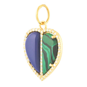 14k Solid Gold & Diamond Twin Lapis & Malachite Heart Pendant,  (14K-DP-175)