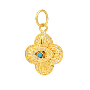 Pave Diamond & Turquoise Fluted Filigree Clover Evil Eye Pendant, (DPM-1375)