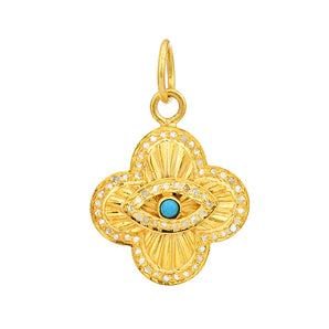 Pave Diamond & Turquoise Fluted Filigree Clover Evil Eye Pendant, (DPM-1375)