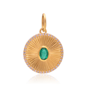 14K Solid Gold Pave Diamond & Emerald Fluted Pendant, (14K-DP-110)