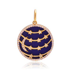 14K Solid Gold Pave Diamond & Lapis Moon and Star Pendant, (14K-DP-116)