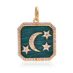 14K Solid Gold Pave Diamond & Malachite Moon and Stars Pendant, (14K-DP-118)