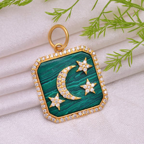 14K Solid Gold Pave Diamond & Malachite Moon and Stars Pendant, (14K-DP-118)