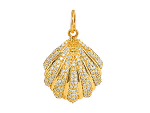 14K Solid Gold Pave Diamond Oyster Shell Pendant, (14K-DP-058)