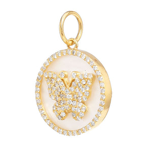 14K Solid Gold Pave Diamond Mother Of Pearl Butterfly Pendant, (14K-DP-092)