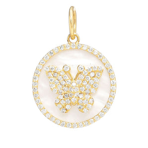 14K Solid Gold Pave Diamond Mother Of Pearl Butterfly Pendant, (14K-DP-092)