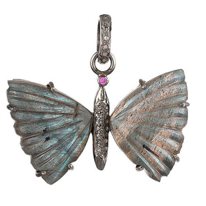 Pave Diamond & Blue Flash Labradorite Butterfly Pendant, (DPM-1276)