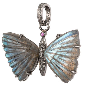 Pave Diamond & Blue Flash Labradorite Butterfly Pendant, (DPM-1276)