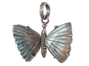 Pave Diamond & Blue Flash Labradorite Butterfly Pendant, (DPM-1276)