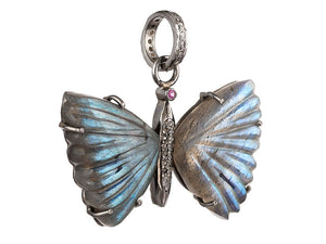 Pave Diamond & Blue Flash Labradorite Butterfly Pendant, (DPM-1276)
