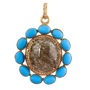 Pave Diamond & Golden Rutile With Turquoise Flower Pendant, (DPL-2561)