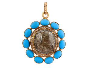 Pave Diamond & Golden Rutile With Turquoise Flower Pendant, (DPL-2561)