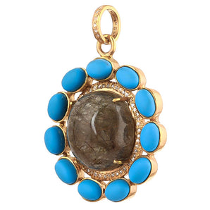 Pave Diamond & Golden Rutile With Turquoise Flower Pendant, (DPL-2561)